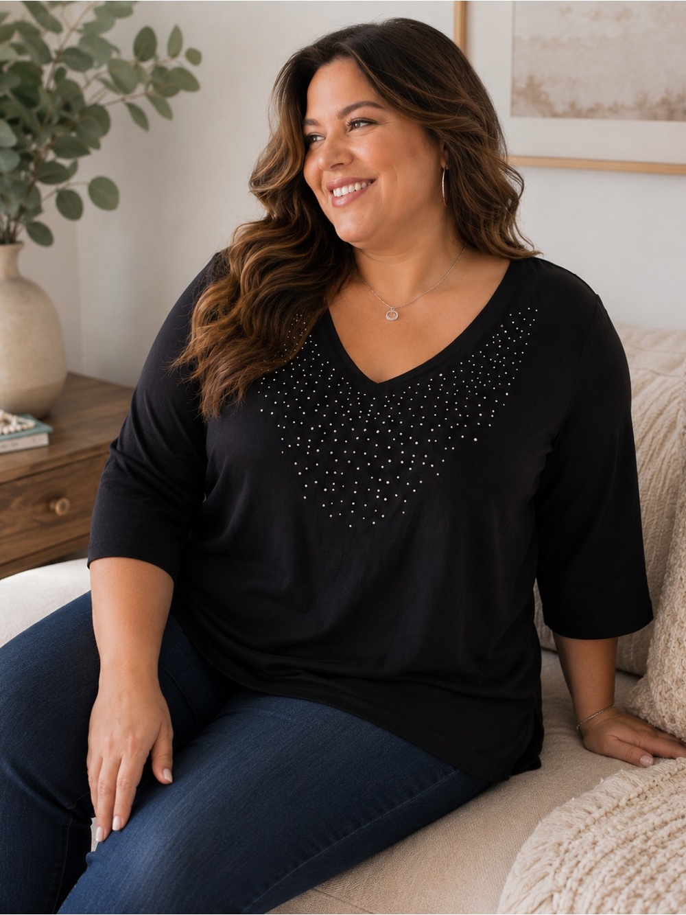 Catherines 3X Black Rhinestone V-Neck Tunic Top 3/4 Sleeve Stretch NWT - Picture 2 of 10